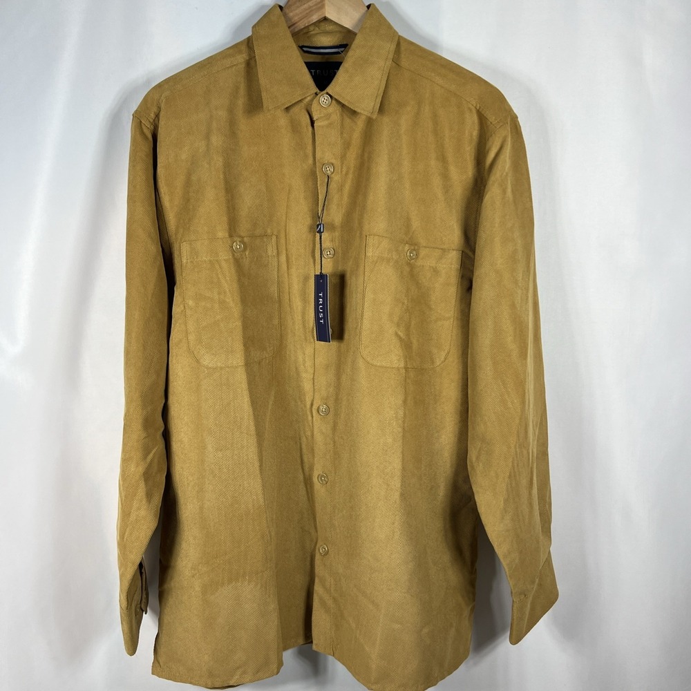 NWT Trust Mens Tan Long Sleeve Button Up Business Shirt Size Medium - Picture 2 of 13
